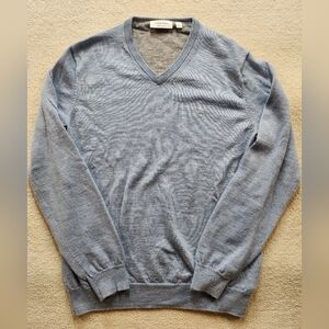 Calvin Klein Sweater Mens Large Blue Extra Fine Merino Wool V-Neck Lightweight